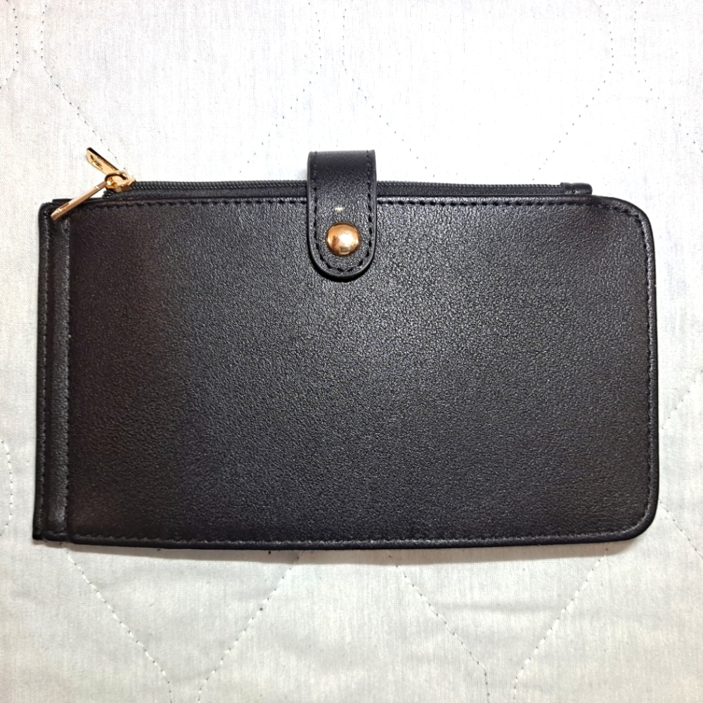 Tong Guang Purse Wallet 19 Credit Card Holder & 2 Zip Pockets Black/Gold Women's